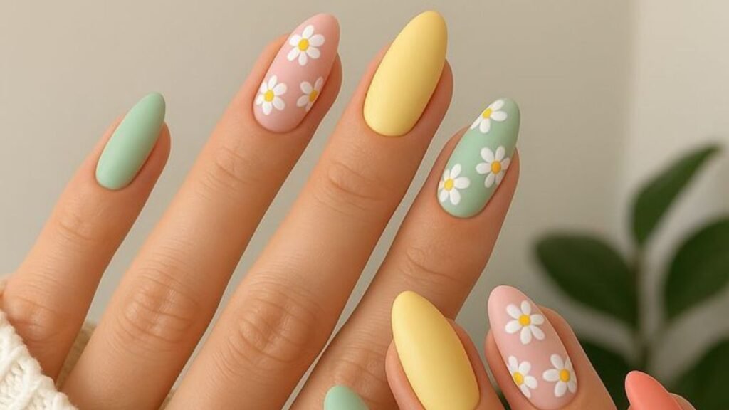 Pastel Base Nails With Gold Shimmer Flower Stamping