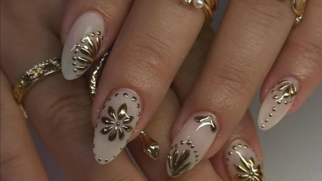 Full Gold Chrome Nails With Micro Floral Designs