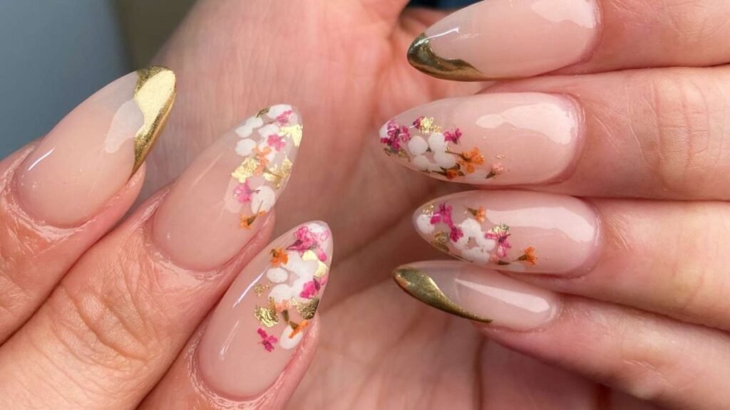 Gold Glitter Ombre With Floral Tips