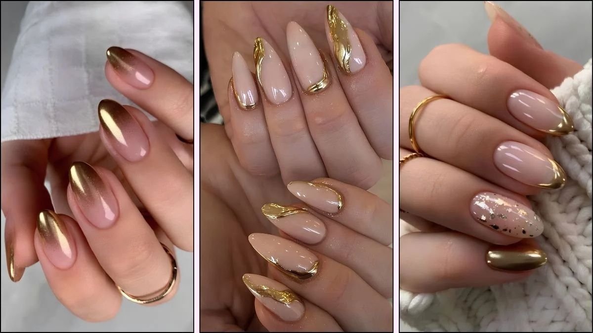 Top 7 Gold Shimmer Flower nails