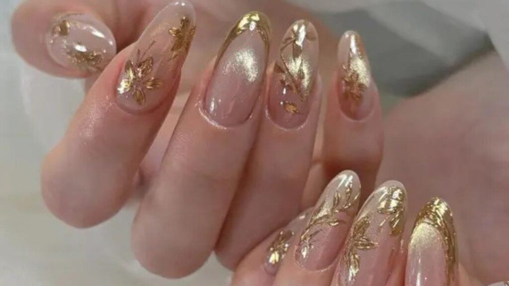Transparent Nude Nails With Gold Foil Flowers